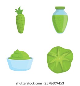 Spicy wasabi icons set cartoon vector. Fresh wasabi in bottle and bowl. Japanese condiment