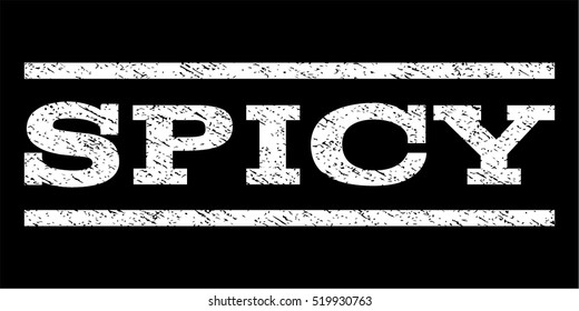 Spicy watermark stamp. Text caption between horizontal parallel lines with grunge design style. Rubber seal stamp with unclean texture. Vector white color ink imprint on a black background.
