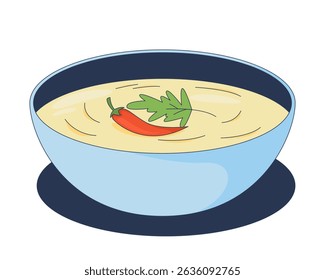 Iogurte picante mergulhar com chili enfeite 2D desenho animado objeto. Tigela cremosa temperada com folha de coentro. Sabor estranho. Appetizer prato isolado elemento plano vetor clip art no branco. Ilustração pontual