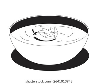 Spicy yogurt dip with chili garnish 2D line object. Seasoned creamy bowl with coriander leaf. Tangy flavor. Appetizer dish isolated clipart vector ink outline item. Monochrome spot illustration