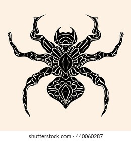 Spider with abstract pattern. Vector illustration. Hand drawn Doodle artwork. Summer concept for party card, ticket, branding, logo, label. Black, beige color