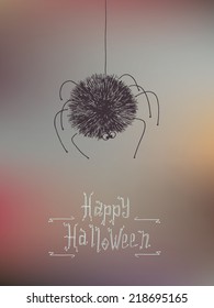 Spider. Beautiful card with Halloween on blur unfocused background. Hand-drawn greeting card with text and decorative elements.