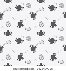 Caricatura negra araña tan linda. En el fondo gris de la telaraña de la nube. Ilustración vectorial sin fisuras del patrón. 