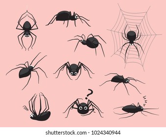 Spider Black Poses Cute Cartoon Vector Illustration