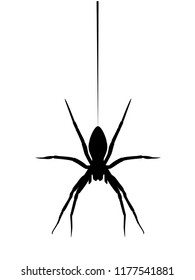 Spider black silhouette hanging on web isolated on white background. Spooky insect logo illustration, halloween icon vector eps 10
