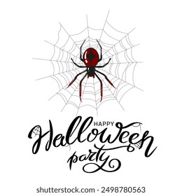 Spider Black Silhouette auf seinem Spinnennetz. Schwarze Witwe Spinne in Vektor auf Weiß und Halloween Party Lettering unter. Gut als Gestaltungselement zu den Halloween Feiertagen.