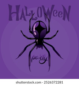 Spider Black Silhouette on its spider web. Black Widow spider in vector on White and Halloween Party Lettering under. Good as a design element to the Halloween Holidays.