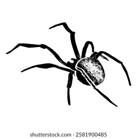 Spider Black Silhouette. Black Widow spider in vector isolated on White. Single Spider textured. Good as a design element to Halloween Holidays.