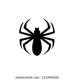 Spider Black Widow. Black bug spider silhouette, isolated white background. Scary Halloween icon, symbol horror, animal arachnid, creepy dangerous insect, arachnophobia fear. Vector illustration