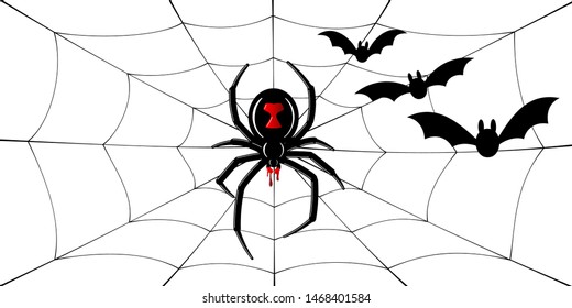 Spider Black Widow, cobweb, bats. Red black spider 3D, spiderweb, isolated white background. Scary Halloween decoration web. Symbol networking, animal arachnid, creepy insect fear Vector illustration
