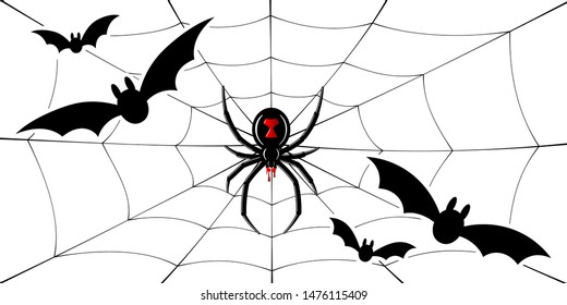 Spider Black Widow, cobweb, bats. Red black spider 3D, spiderweb, isolated white background. Scary Halloween decoration web. Symbol networking, animal arachnid, creepy insect fear Vector illustration
