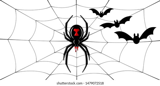 Spider Black Widow, cobweb, bats. Red black spider 3D, spiderweb, isolated white background. Scary Halloween decoration web. Symbol networking, animal arachnid, creepy insect fear Vector illustration
