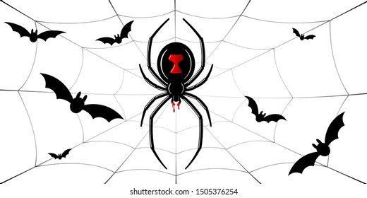 Spider Black Widow, cobweb, bats. Red black spider 3D, spiderweb, isolated white background. Scary Halloween decoration web. Symbol networking, animal arachnid, creepy insect fear Vector illustration