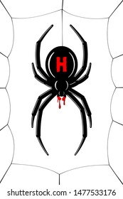Spider Black Widow, cobweb. Red black spider 3D, spiderweb, isolated white background. Scary Halloween decoration icon web. Symbol networking, animal arachnid, creepy insect fear Vector illustration