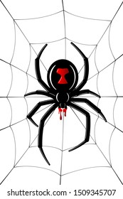 Spider Black Widow, cobweb. Red black spider 3D, spiderweb, isolated white background. Scary Halloween decoration icon web. Symbol networking, animal arachnid, creepy insect fear Vector illustration