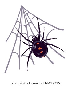 Spider black widow Latrodectus occidentalis hangs on the web. Black spider with red spots in flat style. Dangerous poisonous insect on a white background. Vector illustration for Halloween.