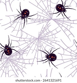 Spider black widow Latrodectus occidentalis hangs on the web. Vector seamless pattern with black spider in flat style. Dangerous poisonous insect. Halloween background.