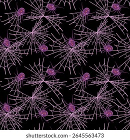 Spider black widow Latrodectus occidentalis and web. Vector seamless pattern with black spider in flat style. Dangerous poisonous insect on black background for Halloween.