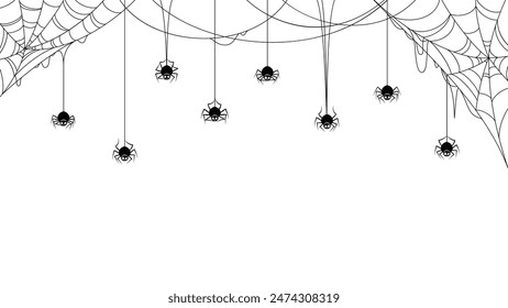 Spider border frame background with cobweb and funny spiders on the net. Halloween holiday vector scary black funny characters hanging on strings down the tangled spiderwebs, monochrome bordering