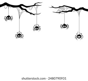 Spider border with tree branches and cobweb, Halloween holiday. Vector black funny arachnid characters hanging on strings down the webs. Venom scary spinner personages on spiderwebs, decorative frame