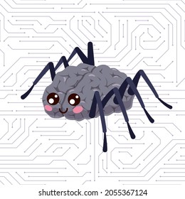 Spider brain. Mind organ with insect paws and smiling face. Hacker mascot and cyber net. Bug crawls on network cobweb. Intelligent digital technologies. Computer virus. Vector concept