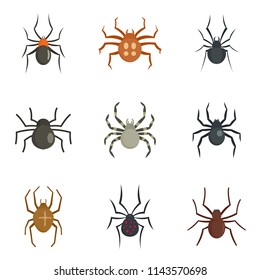Spider bug caterpillar phobia icons set. Flat illustration of 9 spider bug caterpillar phobia vector icons isolated on white