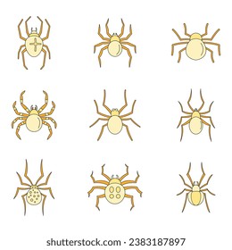 Spider bug caterpillar phobia icons set. Outline illustration of 9 spider bug caterpillar phobia vector icons thin line color flat on white