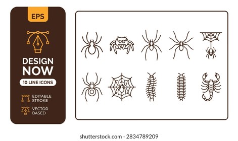 Spider and Bug Icon Set: Black and White Spider, Web, Centipede, and Scorpion Symbols – Perfect for Halloween, Insects, and Creepy Crawler Concepts.

