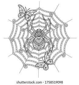 Spider And Butterfly.
Zentangle Stylized Cartoon Isolated On White Background. 
Hand Drawn Sketch Illustration For Adult Coloring Book. 
