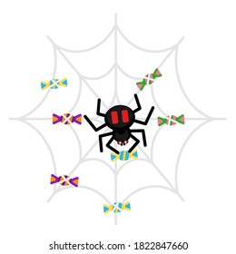Araña y dulces en la web. Ilustración temática de Halloween