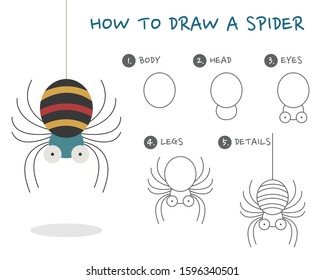 Spider cartoon drawing guide. How to draw a spider vector cartoon. Spider hanging on web. 