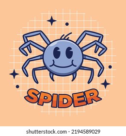 Spider character vector illustration. Flat cartoon retro style.