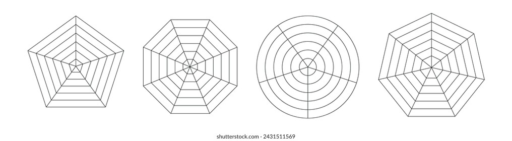 Spinnendiagramm-Infografik mit einem Webdiagramm wie Fünfeck- oder Sechseck-Umriss. Visualisierung von Daten in Radarbildern. Flache Vektordarstellung auf weißem Hintergrund isoliert.