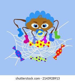 Spider child, in a cap on a cobweb with sweets. Vector funny illustration for print on clothes or paper.