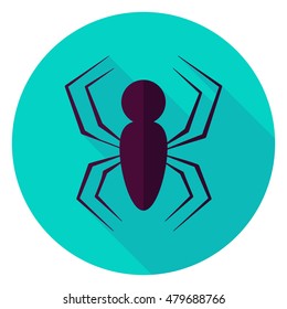 Spider Circle Icon. Flat Design Vector Illustration with Long Shadow. Scary Insect Symbol.