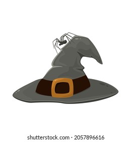 Spider climbed on the black witch's hat with golden buckle isolated on white background. Illustration in cartoon style for children's holiday design, decoration, cards, banners, Halloween templates