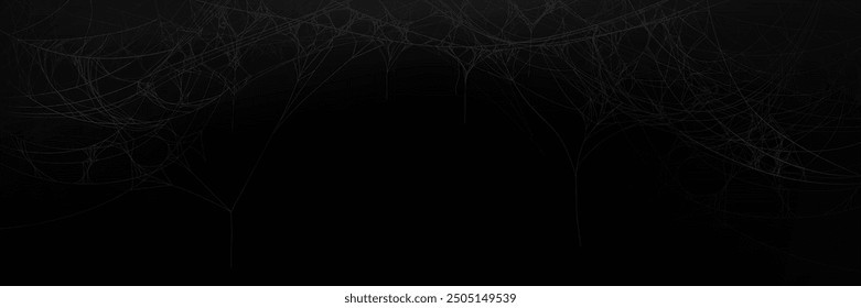 Spider cobweb border on black background. Realistic vector illustration of white hanging sticky web frame. Spooky scary Halloween or gothic banner template with spiderweb silhouette texture.