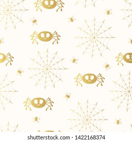 Spider with cobweb golden pattern for Halloween party. Cute october night seamless kids gold background.