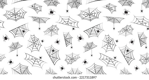 Spider and cobweb, Halloween seamless pattern, spooky web and horror net vector background. Black and white scary texture. Creepy illustration