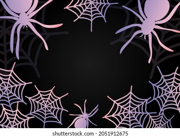 Spider and cobweb mystic Halloween purple and black vector design. Ombre gradient clipart arranged as frame on dark background for party invitation, card, banner or flyer.