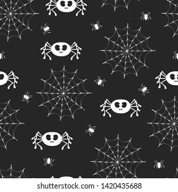 Spider with cobweb pattern for Halloween party. Cute october night seamless kids background.