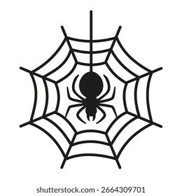 Spider and cobweb silhouette. Spiderweb vector illustration isolated on white background. Traditional Halloween decorative element. Template for cutting