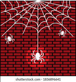 Spider and cobweb. Vector Illustration on Brick wall background.
