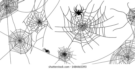 Spider and cobwebs elements, spooky, scary, nature decor set. Hand drawn silhouette, vector illustration
