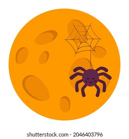 Spider with cobwebs on the background of the full moon .  Cute  illustration, isolated on white. Halloween concept. Good for web  and print.