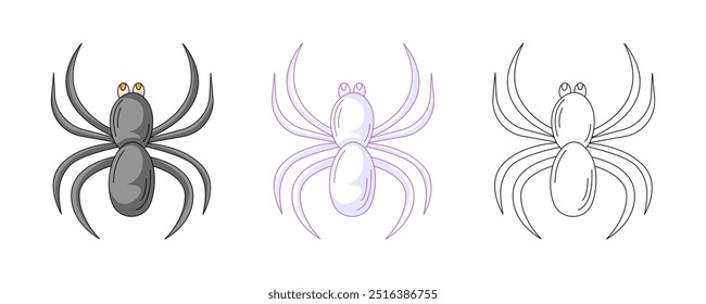 Spider, colorful and line icons set. Traditional halloween spooky symbol. Vector flat icon, monochrome purple, color, outline illustration. For logo, sticker, coloring book, label, print