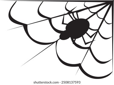 Spider in the corner of a room on Halloween night. Pumpkin, witch, bat, castle, black cat, spider, candle, skull, creepy, spooky. Vector Illustration.
