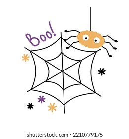 Spider and coweb doodle style. Lettering Boo