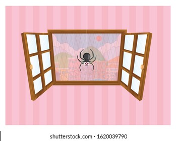 Spider crawling on window net with her silk thread