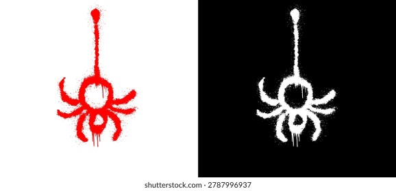 Spider creep doodle graphic displaying spooky hanging insect halloween element on black background for alternative youth culture streetwear clothing brand apparel merchandise clip art.